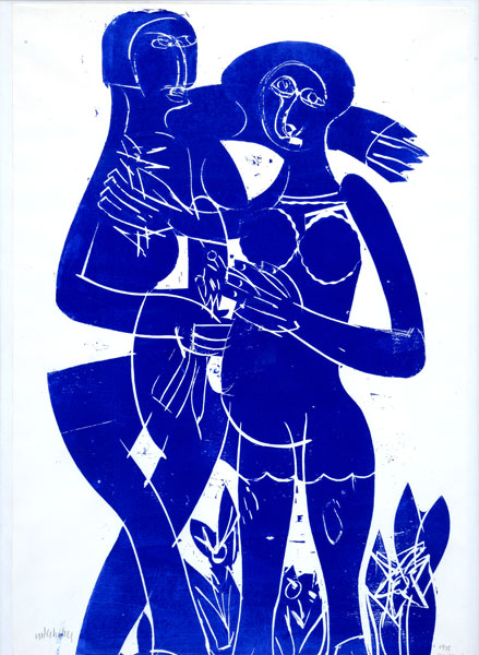 HAP Grieshaber, Paare XII (aus der Folge "Die Liebe ist ein Hemd aus Feuer"), 1978, Farbholzschnitt in blau, Privatbesitz © VG Bild-Kunst, Bonn 2018