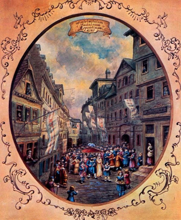 Hochzeitszug in der Mainzer Judengasse 1690, Reproduktion nach einem Aquarell im Besitz von A. M. Keim © Stadtarchiv Mainz