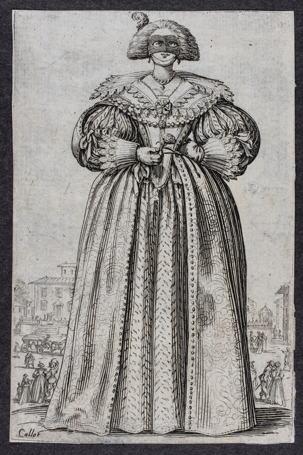 Jacques Callot, Die Dame mit der Maske (aus der Folge „La noblesse“), 1620–24, Radierung © GDKE, Landesmuseum Mainz, Inv.-Nr. GS D 0/726, Foto: A. Garth