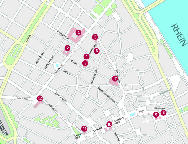 Stadtplan mit Route des Audio-Stadtspaziergangs "Auf den Spuren jüdischer Kunstsammler"